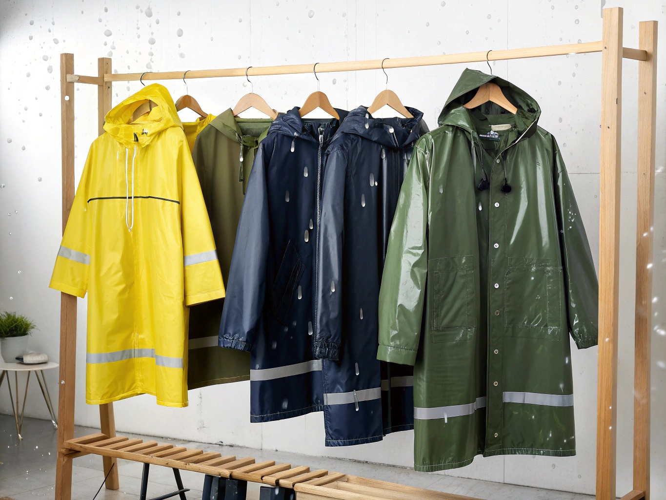 Colorful collection of waterproof hooded raincoats and ponchos in yellow, navy and olive green