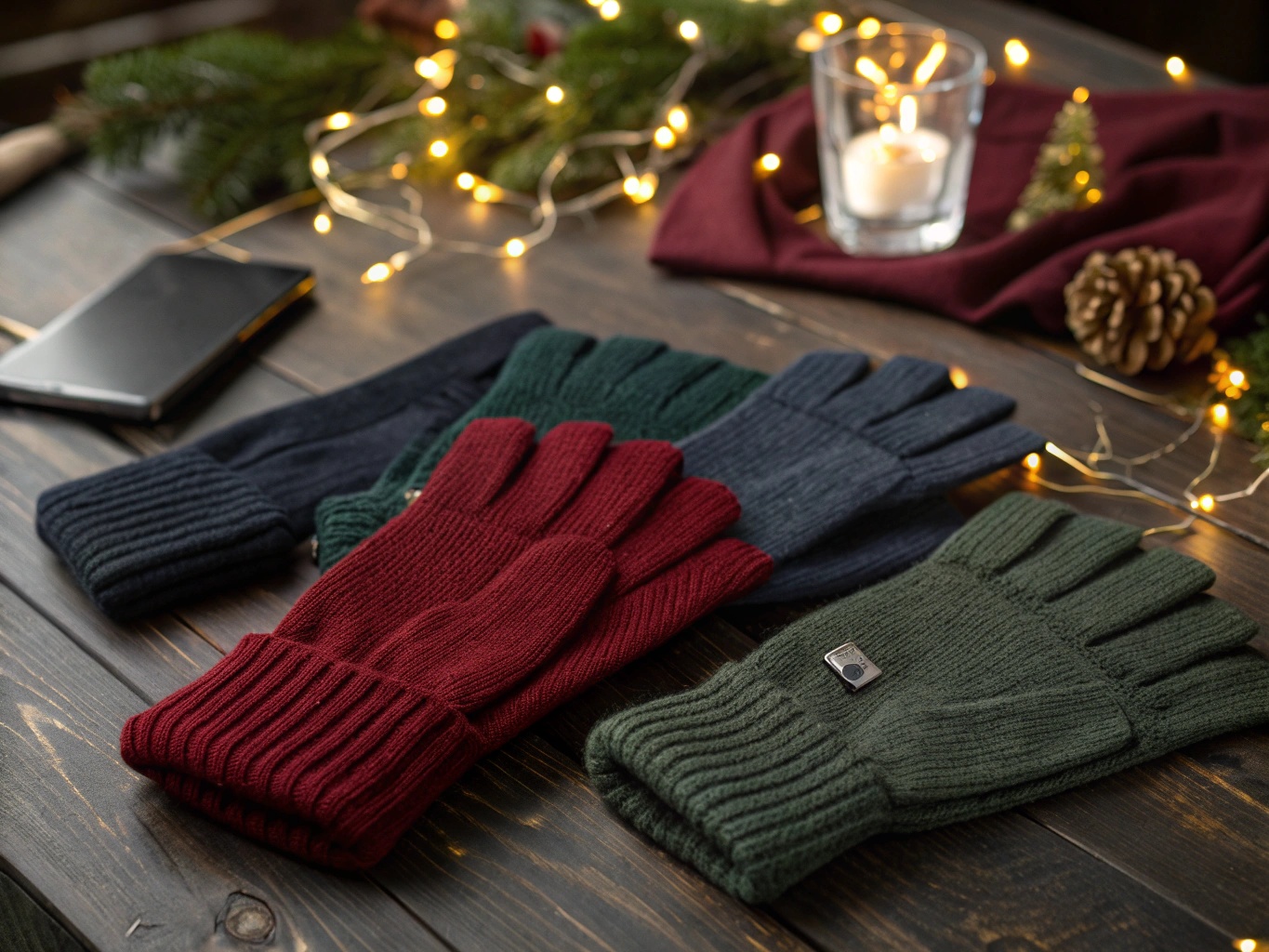 Colorful collection of warm knitted winter gloves and hand warmers in burgundy, navy and green